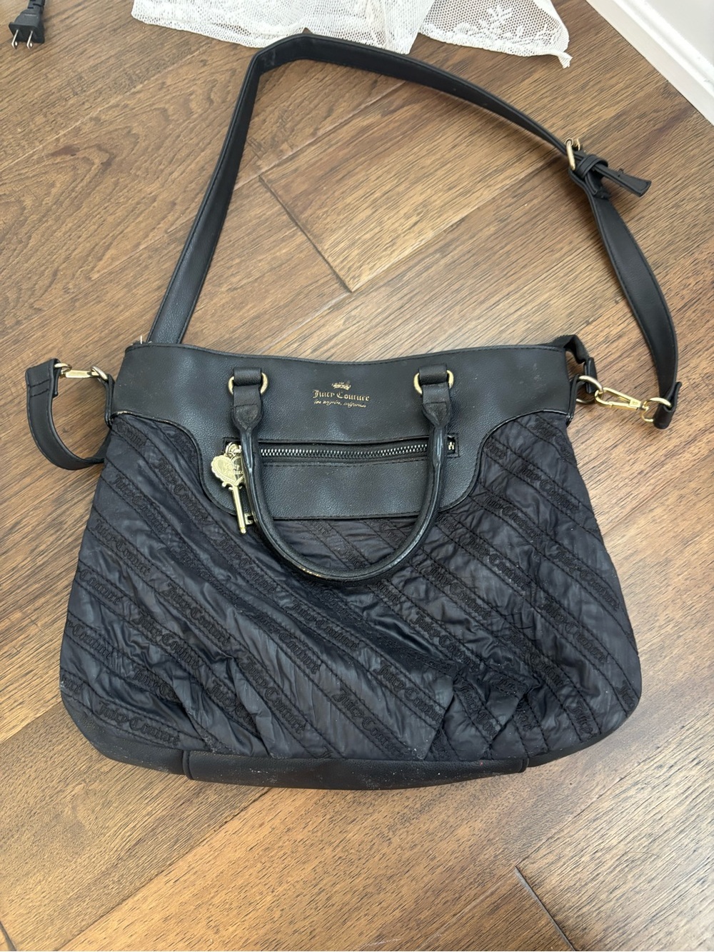 Juicy Couture Black Quilted Shoulder Tote with Gold Key Charm